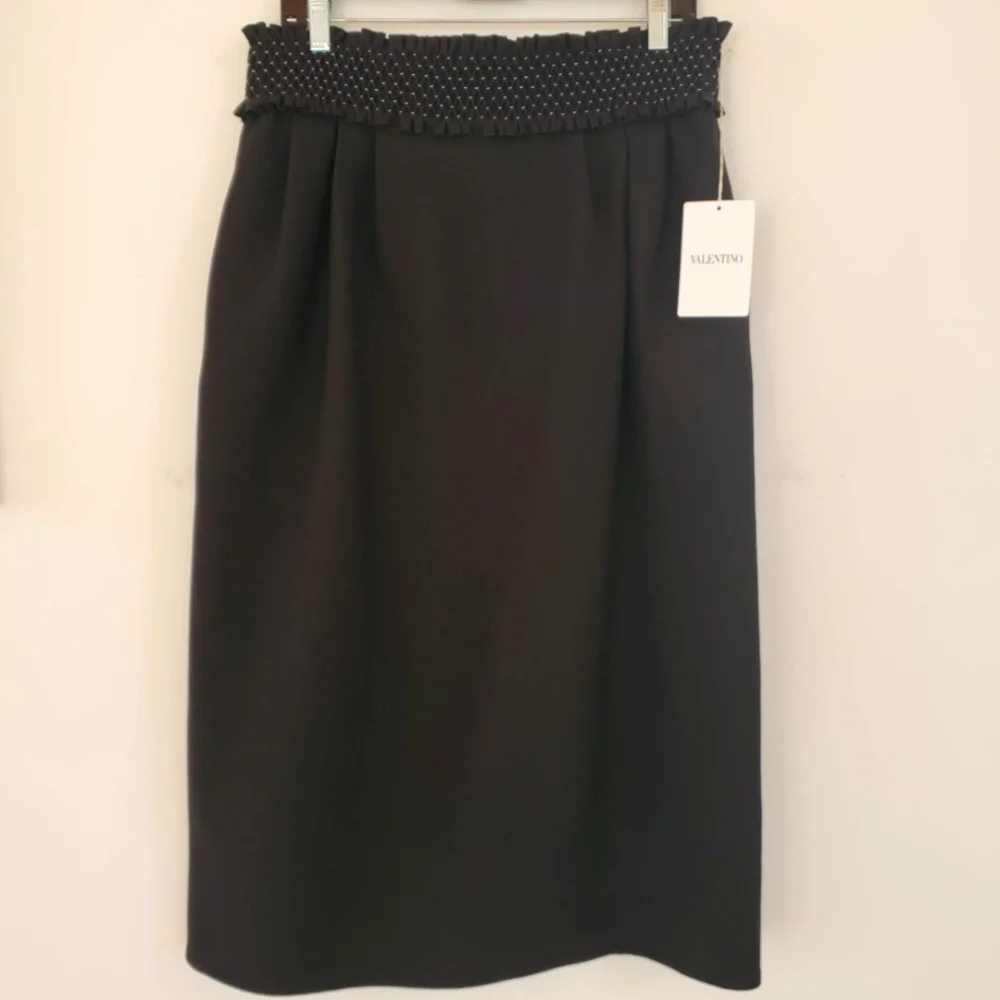 nwt Valentino Smock-Waist A-Line Crepe Wool-Blend Ankle-Length Black Ski…